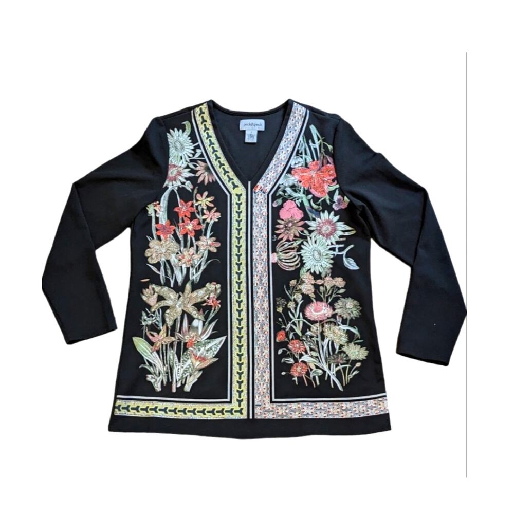 Peck & Peck floral print tunic black long sleeved size S